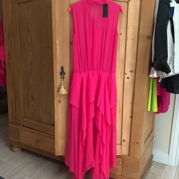 BCBG Basha Begonia Barbie Pink Bow Tie Long Silk Sheer Chiffon Tiered Maxi Dress